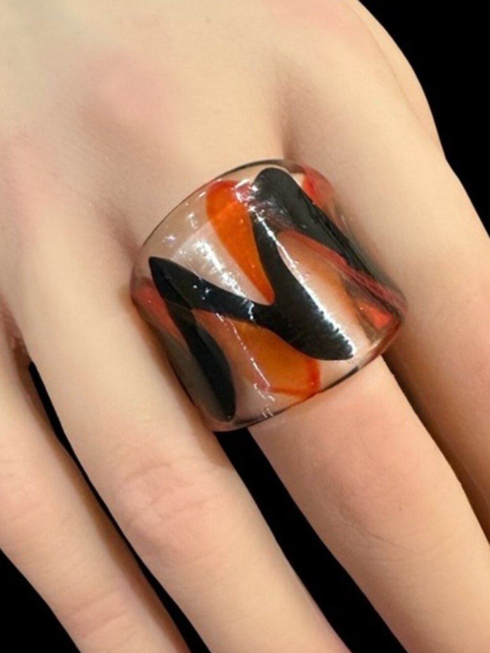 Handmade Glass Ring With Black & Orange Swirl Design Size 6.5